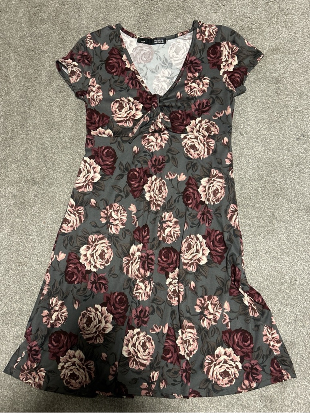 Rebel Sugar Light Gray Floral Scoop Neck Dress with Dusty Pink Roses
